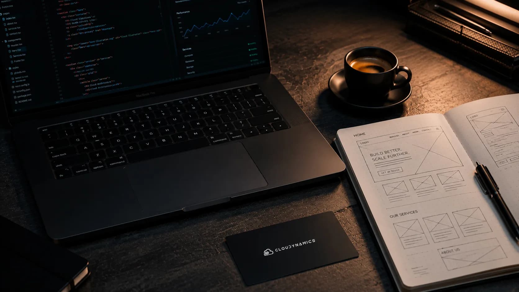 Scrivania di lavoro Cloudynamics con MacBook che mostra codice, biglietto da visita e taccuino con wireframe di un sito web